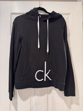 Calvin Klein Black Hoodie with White Drawstrings and CK Logo